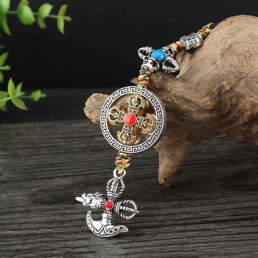 Tibetan Buddhist vajra hanging decor with blue gemstone on cross charm and red gem on round pendant