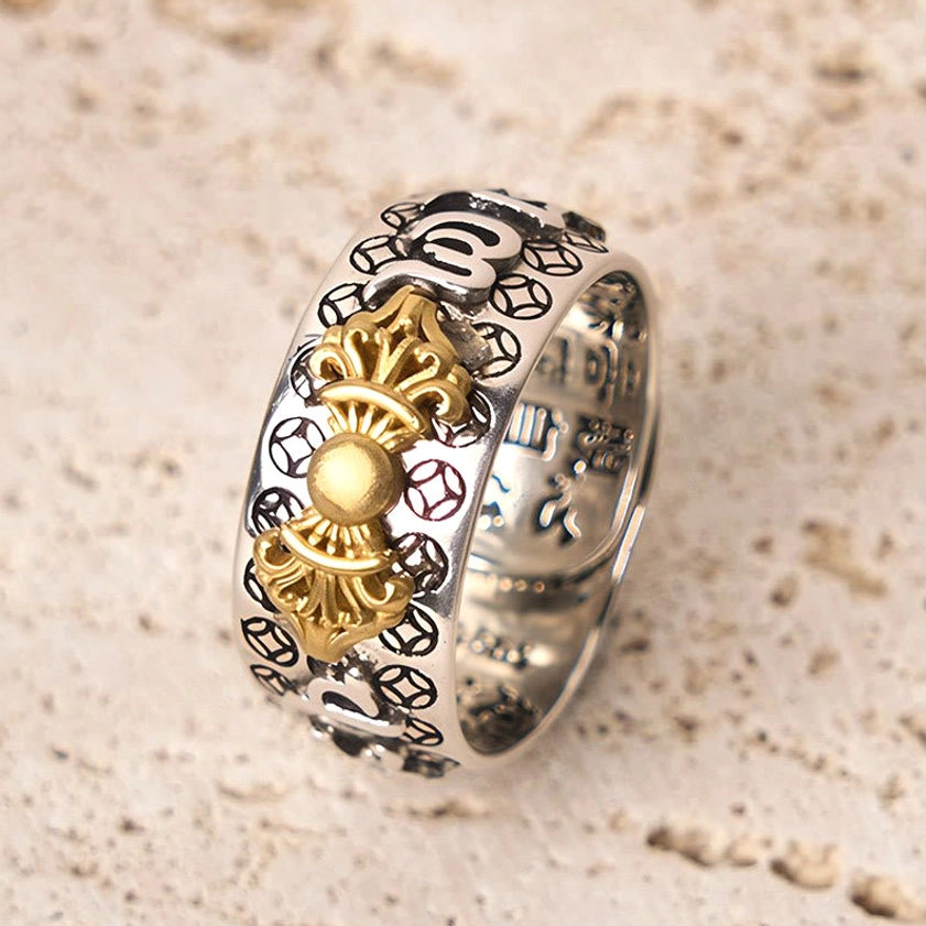 Vajra copper silver ring three-quarter side angle showing open band structure and inner spiritual text