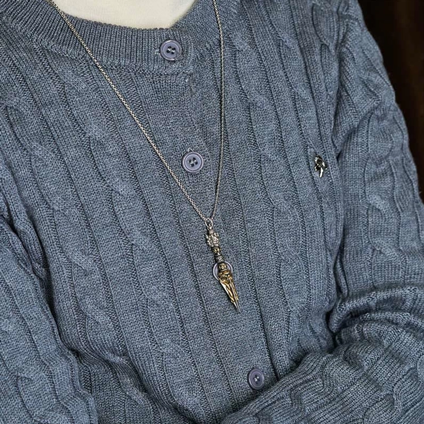 Vajrakila Buddhist necklace worn on slim silver chain under knit sweater, everyday wear styling