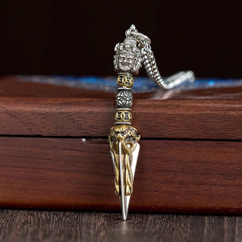 Vajrakila three-pointed blade pendant with engraved decorative beads and silver-gold two-tone design