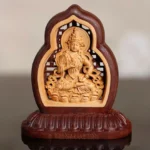 Vajrasattva Buddha wood carved statue with dual-tone finish and intricate lattice frame design - front view