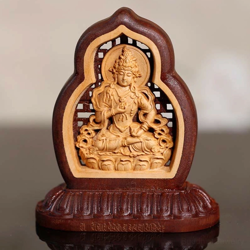 Vajrasattva Buddha wood carved statue with dual-tone finish and intricate lattice frame design - front view