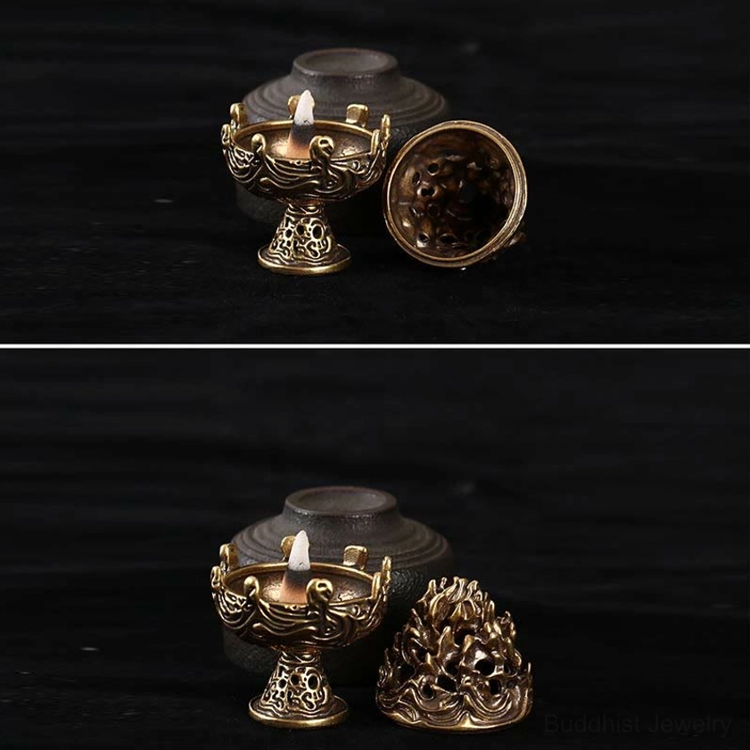 Vintage antique brass Buddhist incense burner with ornate relief carvings, handcrafted for stress relief and mindful living