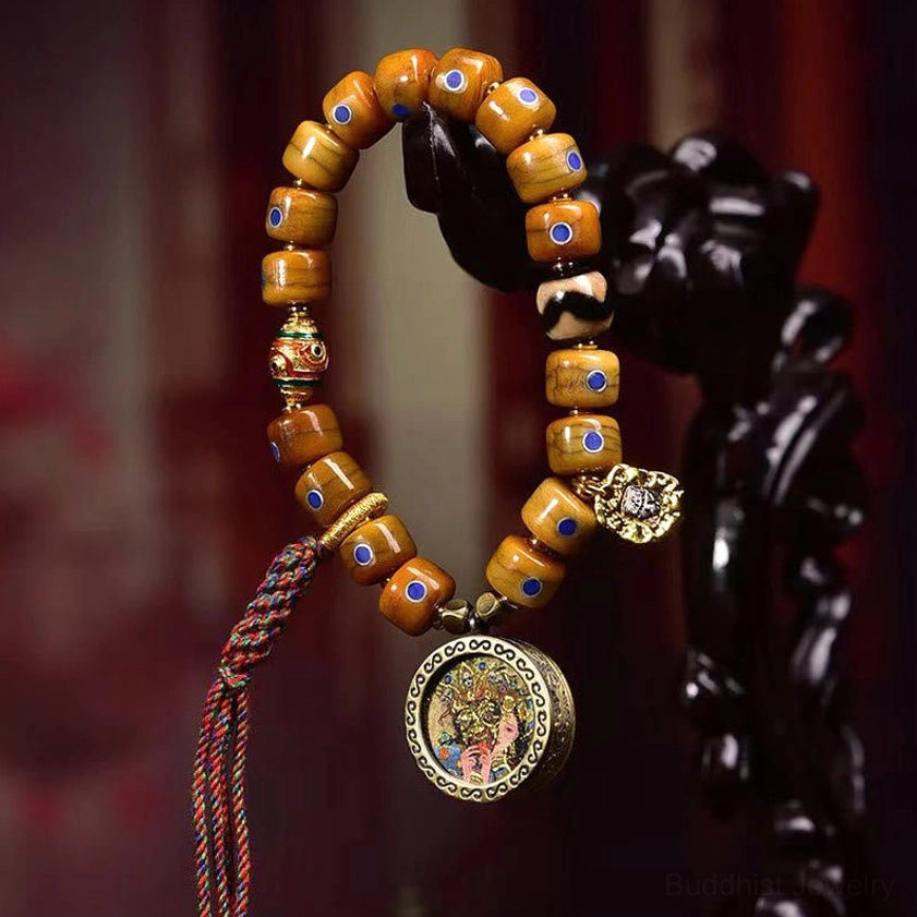 Vintage-style bone bead Buddhist bracelet with lazurite and copper for balance and positive energy