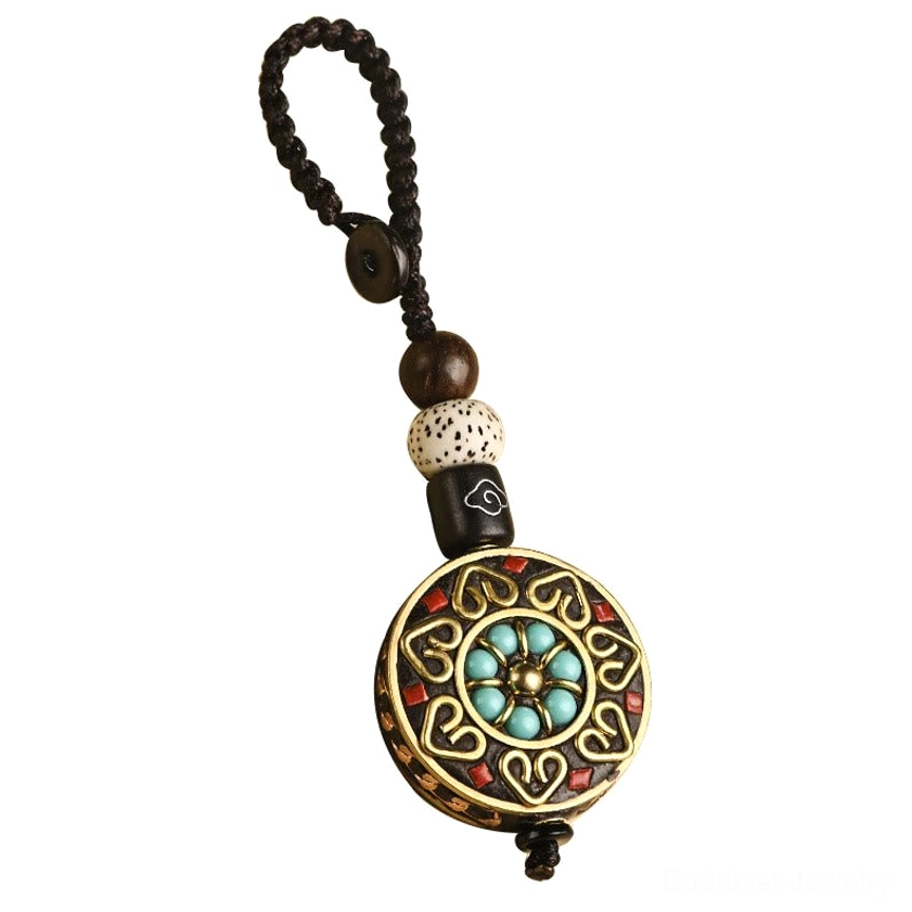Vintage-style Buddhist keychain with sacred mantra and enamel inlay brass amulet for protection