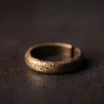 Vintage copper Buddhist couple ring with etched texture design, side close-up view showing adjustable open notch