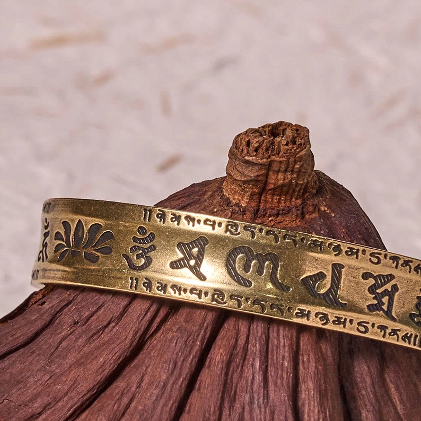 Vintage patina brass cuff bracelet with six true words mantra and lotus symbol engraving