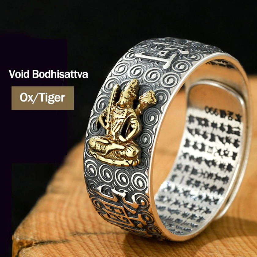Void Bodhisattva Ox and Tiger Natal Buddha adjustable ring for zodiac protection