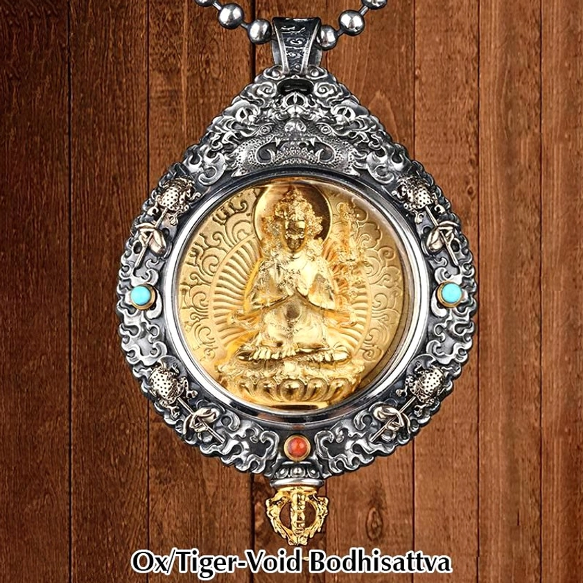 Void Bodhisattva Akasagarbha zodiac pendant for Ox Tiger signs with gold relief and vintage silver carved frame