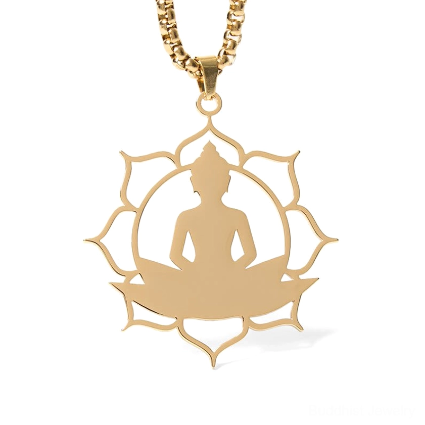 Warm gold buddha lotus pendant necklace detailed hollow design artisan