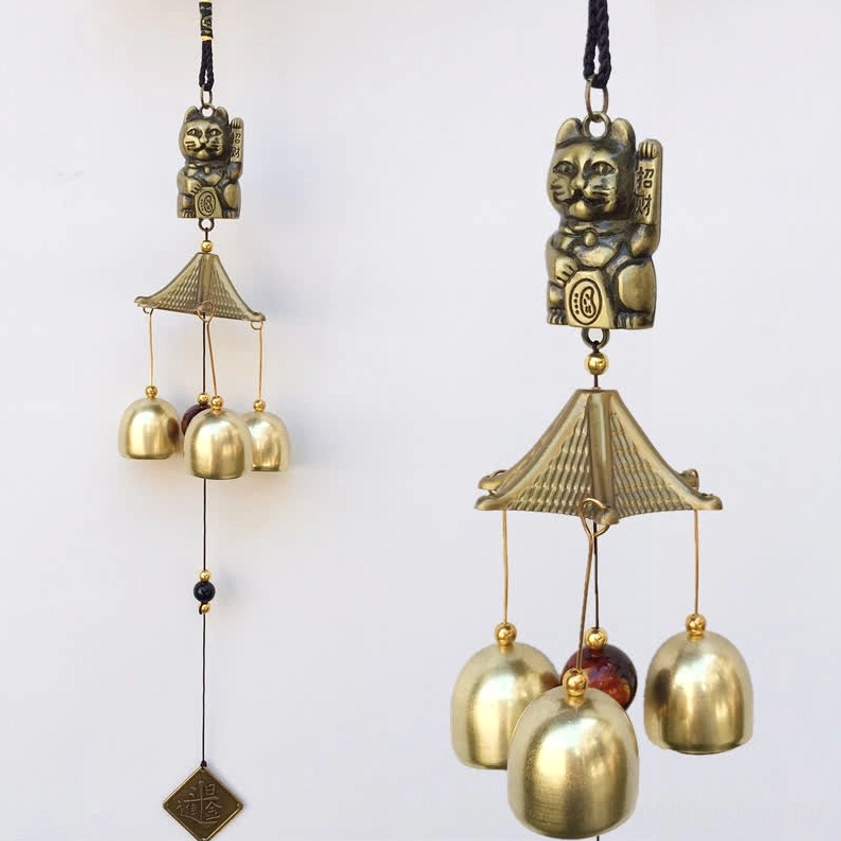 Wealth cat wind chime bell handmade copper antique bronze two sizes lucky cat chime