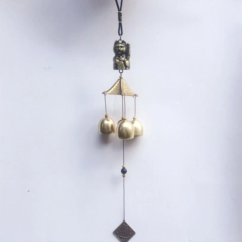 Wealth cat wind chime flat lay vertical view hanging bells fortune tag complete