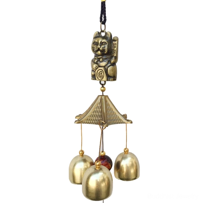 Wealth cat wind chime front hanging view three brass bells square fortune pendant