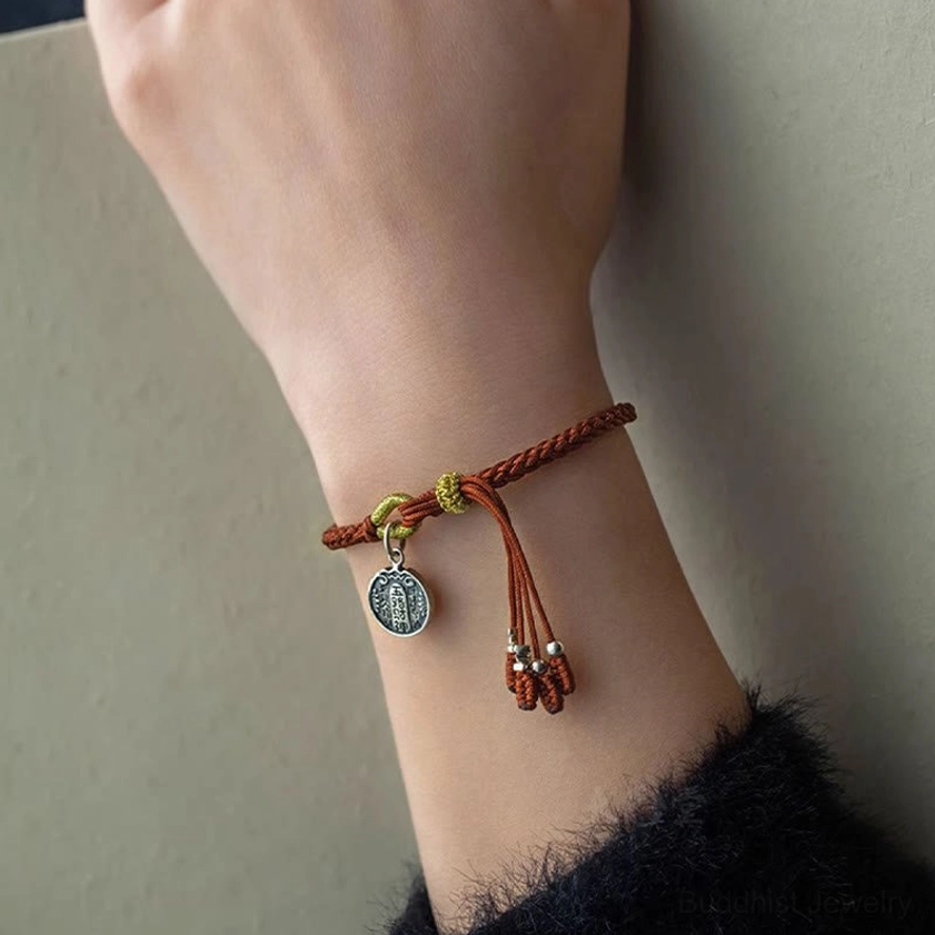 Premium 925 sterling silver Five Directions Wealth Gods charm bracelet with red tassel protective cord detail