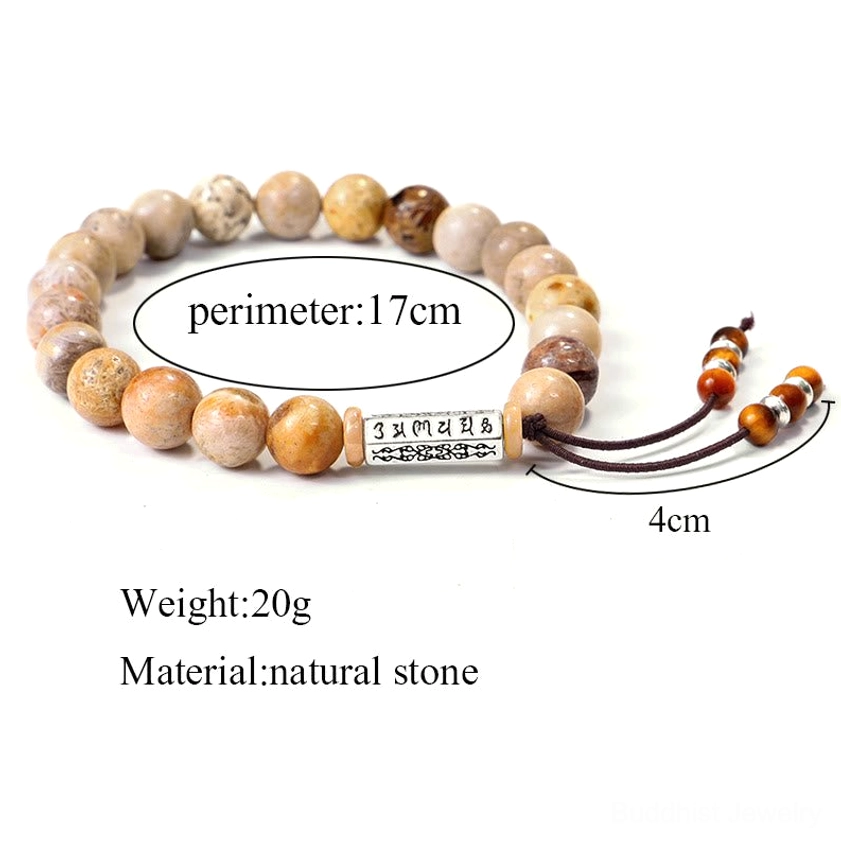 Weathered stone Buddhist bracelet with product specifications showing 17cm perimeter, 20g weight, and natural stone material