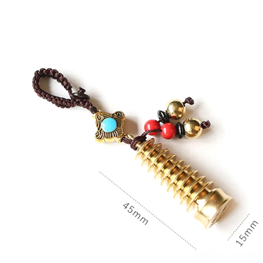 Extended Wenchang Pagoda brass keychain with detailed threading and size measurement marks - Buddhist symbol for wisdom