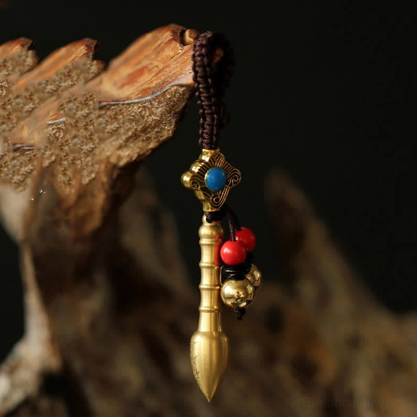 Wenchang Pen brass Buddhist keychain - retro carved literary symbol for academic success and mental clarity - hanging side view