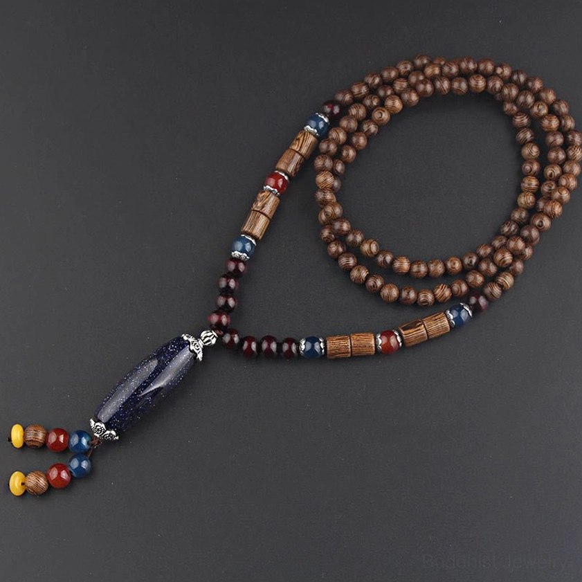 Wenge wood and Bodhi seed Buddhist necklace with natural stone accents and protective spiritual energy