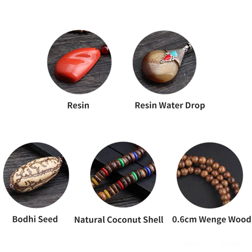 Handcrafted Wenge wood Buddhist necklace with natural Bodhi seed and gemstone beads for spiritual wellness
