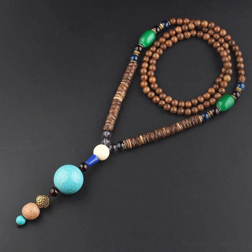 Artisan-crafted Wenge wood necklace with Bodhi seed and colorful semi-precious stone beads for balance