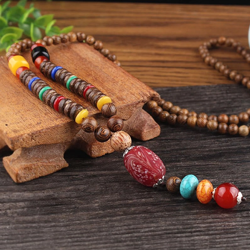 Handmade Wenge wood Bodhi seed necklace with traditional Buddhist design elements and natural agate beads