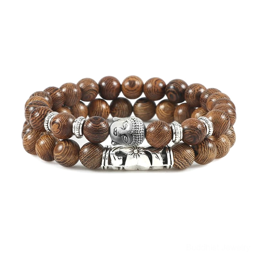 Wenge wood Buddhist healing bracelet with natural wooden beads and metal Buddha spiritual charm accent
