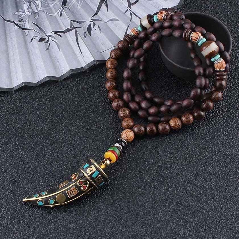 Wenge wood prayer mala necklace coiled display with dzi-style spacer beads