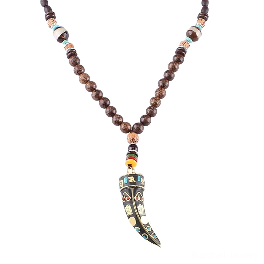Wenge wood buddhist mantra pendant necklace full view with mixed decorative beads