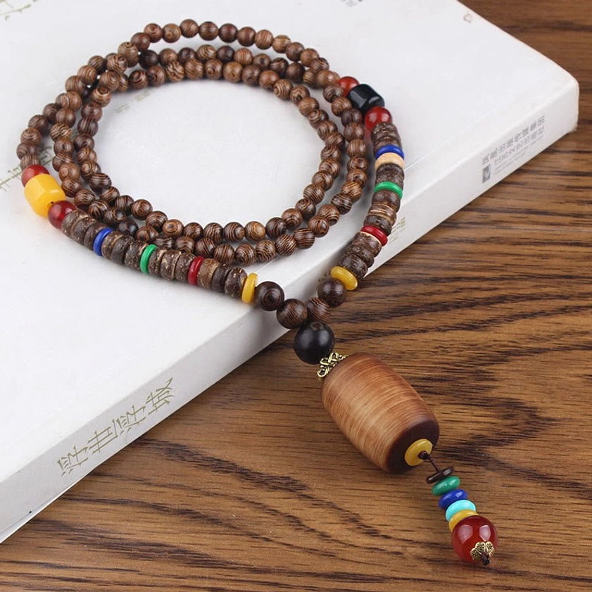 Wenge wood Buddhist necklace with brown cylinder beads and Bodhi seed for meditation and inner peace