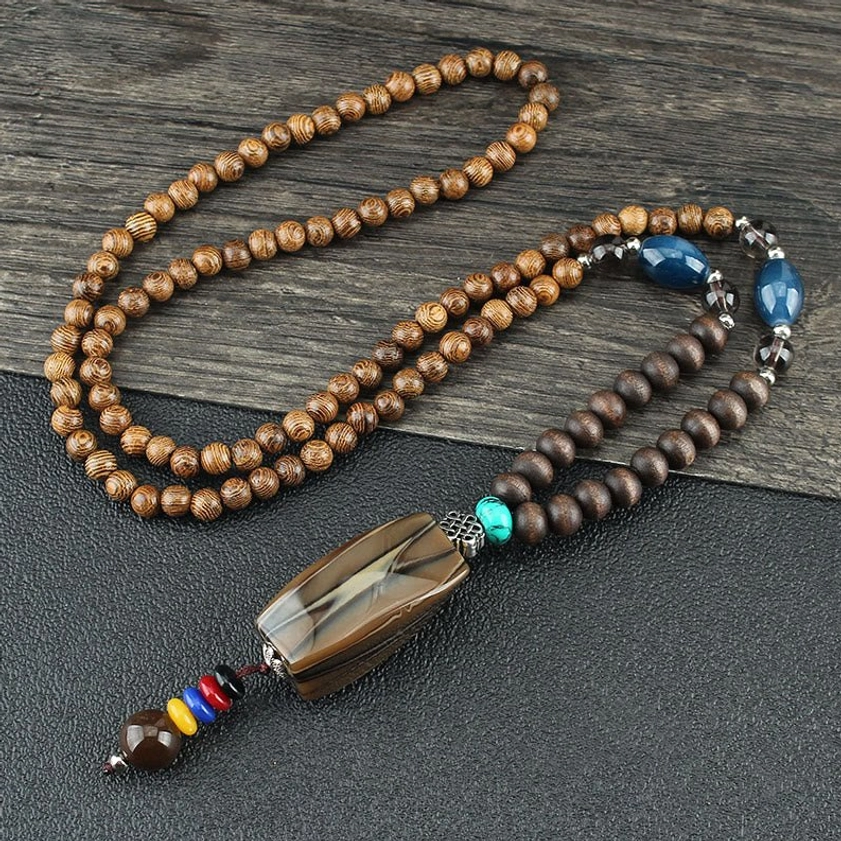 Wenge wood and resin bead Buddhist necklace with earthy natural materials for spiritual balance