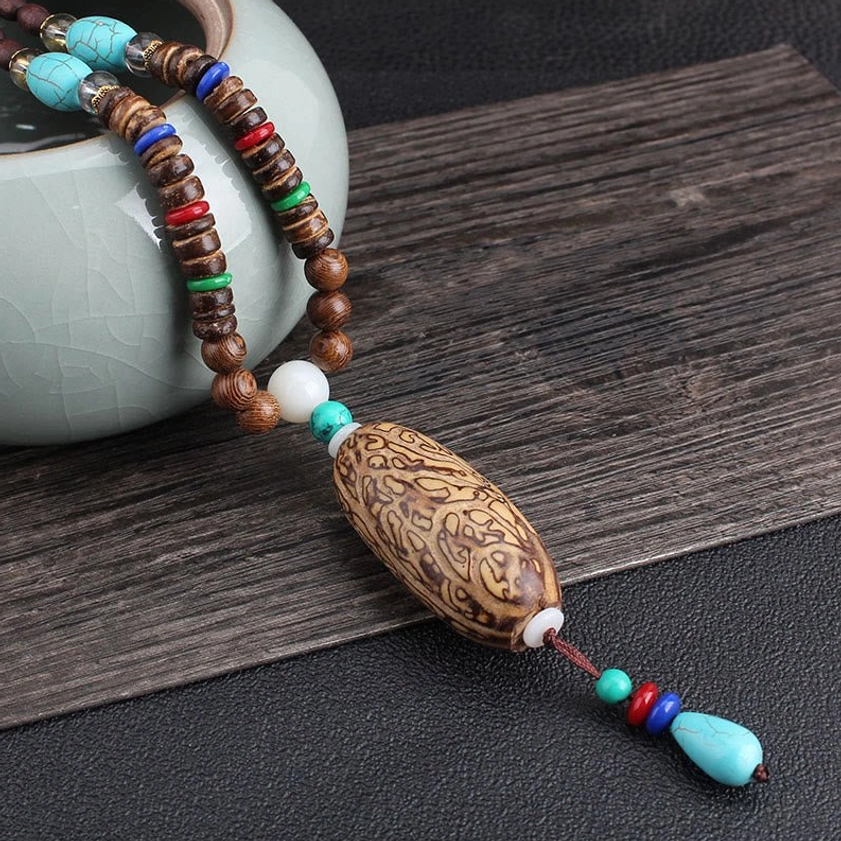 Wenge wood necklace with turquoise Bodhi seed bead and thousand-eyed pattern for Buddhist protection