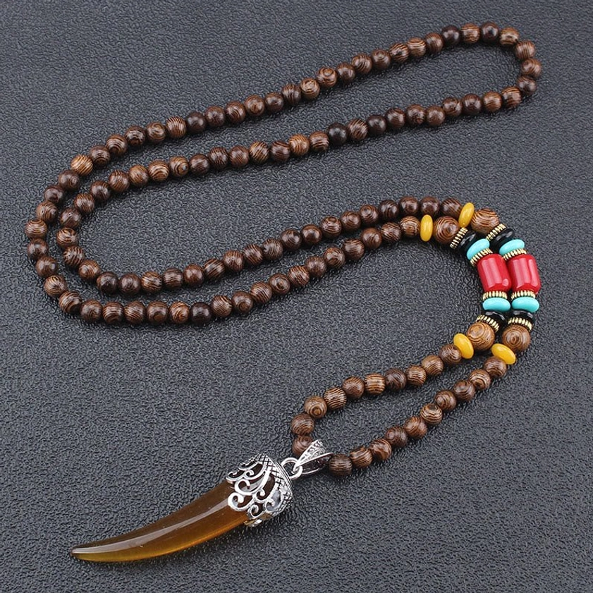 Brown wenge wood turquoise horn pendant necklace with translucent resin horn and silver filigree bail