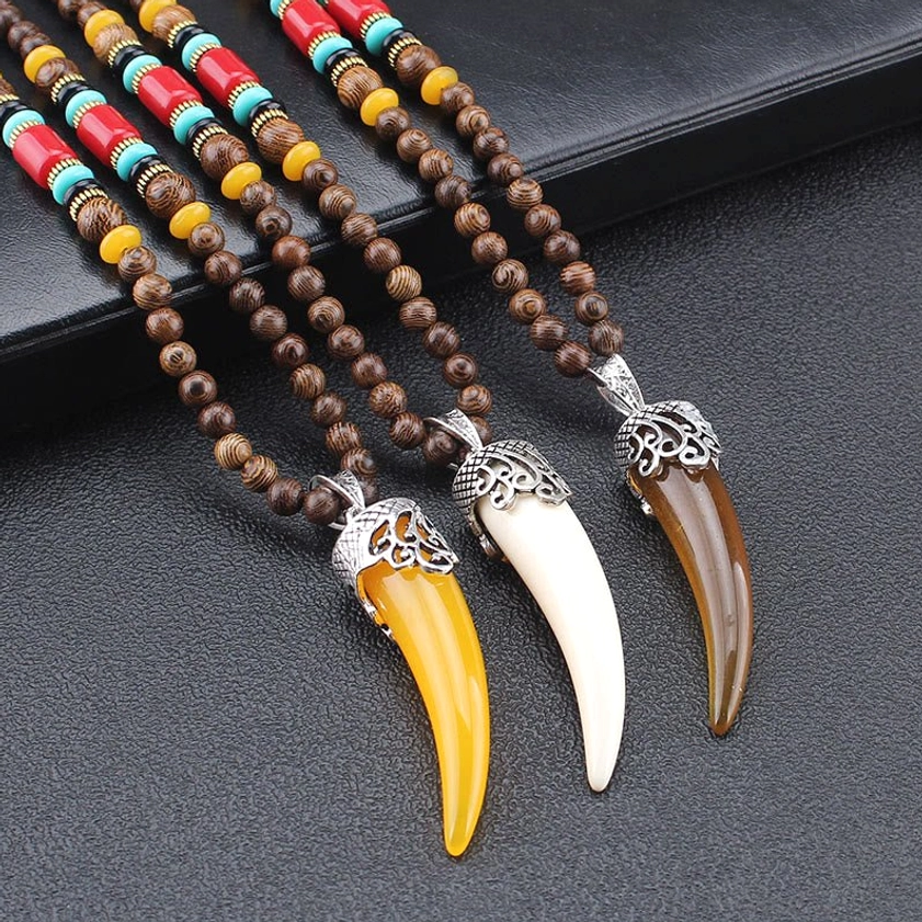 Three wenge wood turquoise horn pendant necklaces in yellow brown and white color options handmade buddhist jewelry