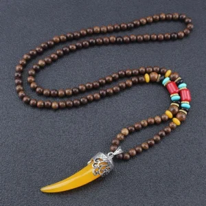 Wenge wood turquoise horn pendant necklace yellow resin with silver filigree cap and colorful accent beads flat lay