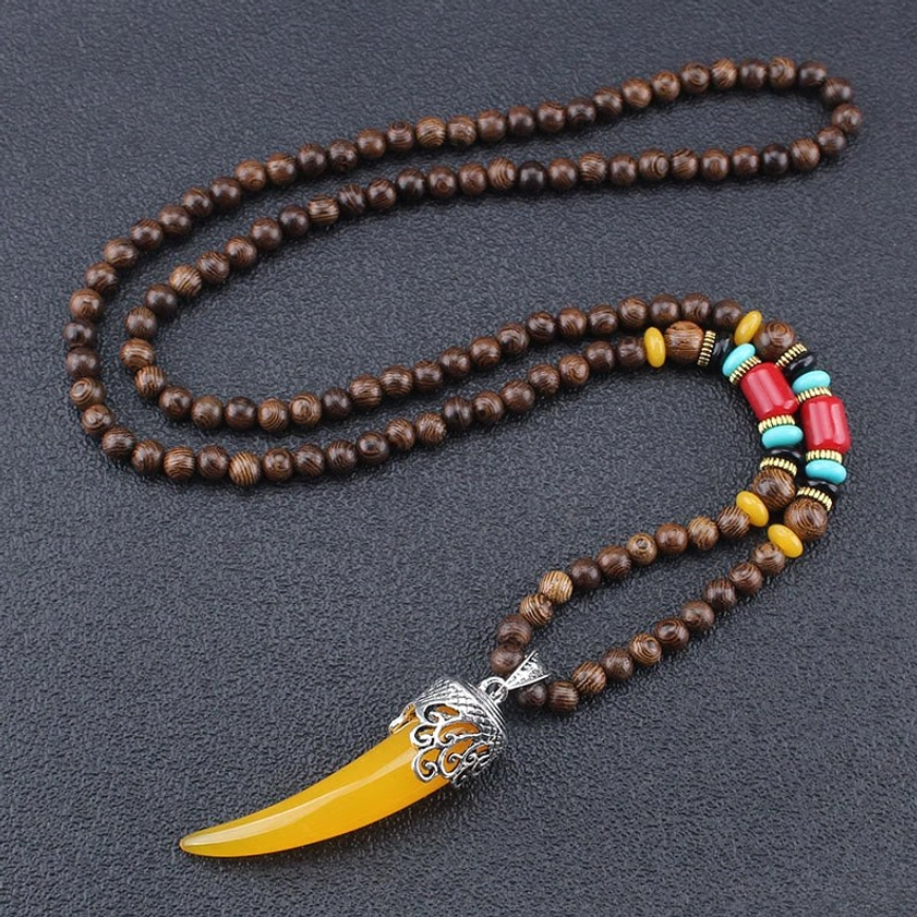 Wenge wood turquoise horn pendant necklace yellow resin with silver filigree cap and colorful accent beads flat lay