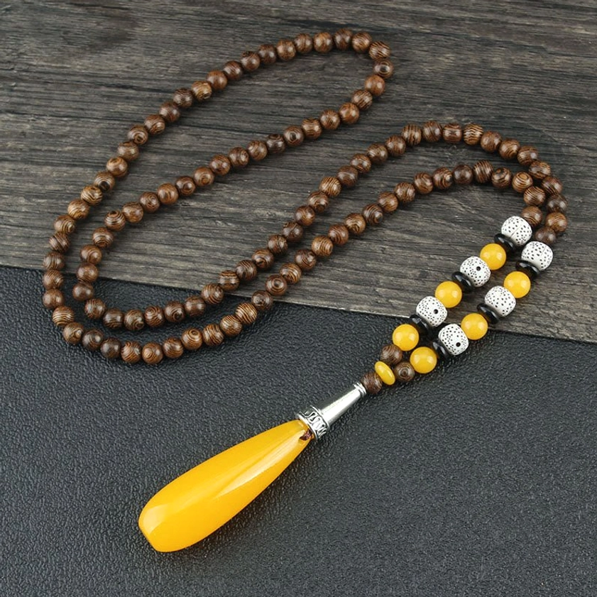 Wenge wood necklace with yellow water drop resin pendant for healing energy and positive transformation