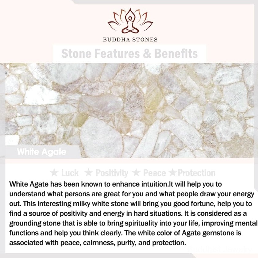 White agate gemstone properties card highlighting luck, peace, and protection benefits