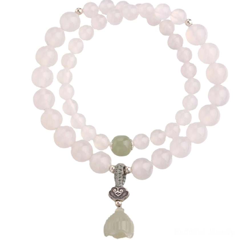 White agate jade lotus bracelet detail shot showing material composition and handmade craftsmanship