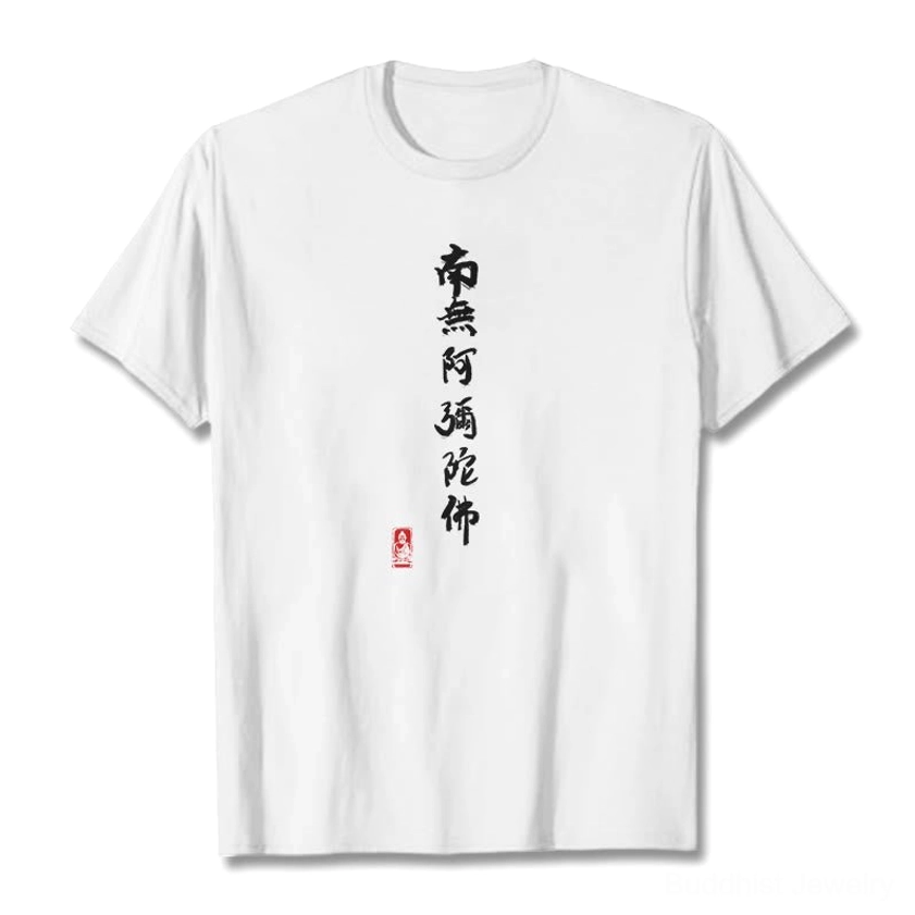White Amitabha Buddhist t-shirt flat lay front view with black sacred calligraphy print and red stamp