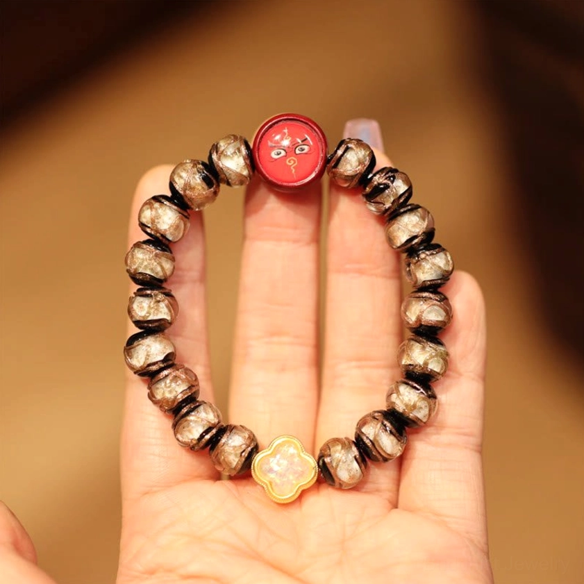 White and Black Red God of Wealth Buddhist bracelet with cloisonne accents and love luck charm