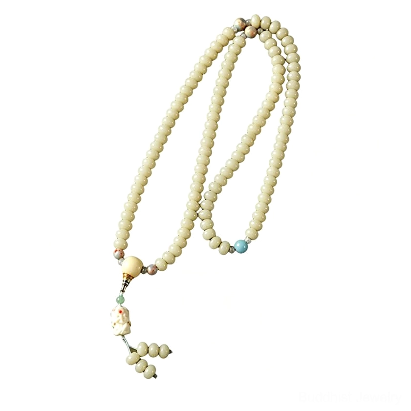 Authentic white bodhi seed prayer mala for Buddhist meditation and spiritual practice with Tara protection symbol