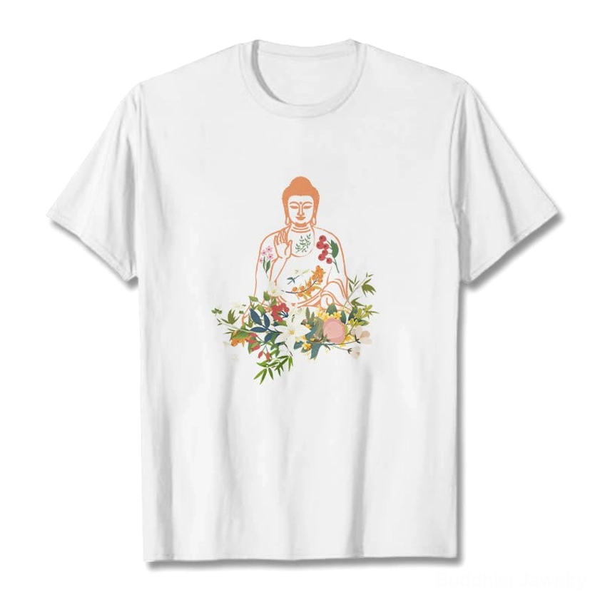 White Buddha blooming flowers graphic t-shirt flat lay front view - clean spiritual design