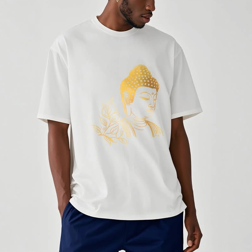 Male model side view wearing white Buddhist t-shirt with gold Buddha artwork and relaxed fit