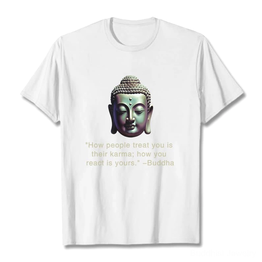 White Buddha karma quote printed t-shirt flat lay front view with beige graphic design