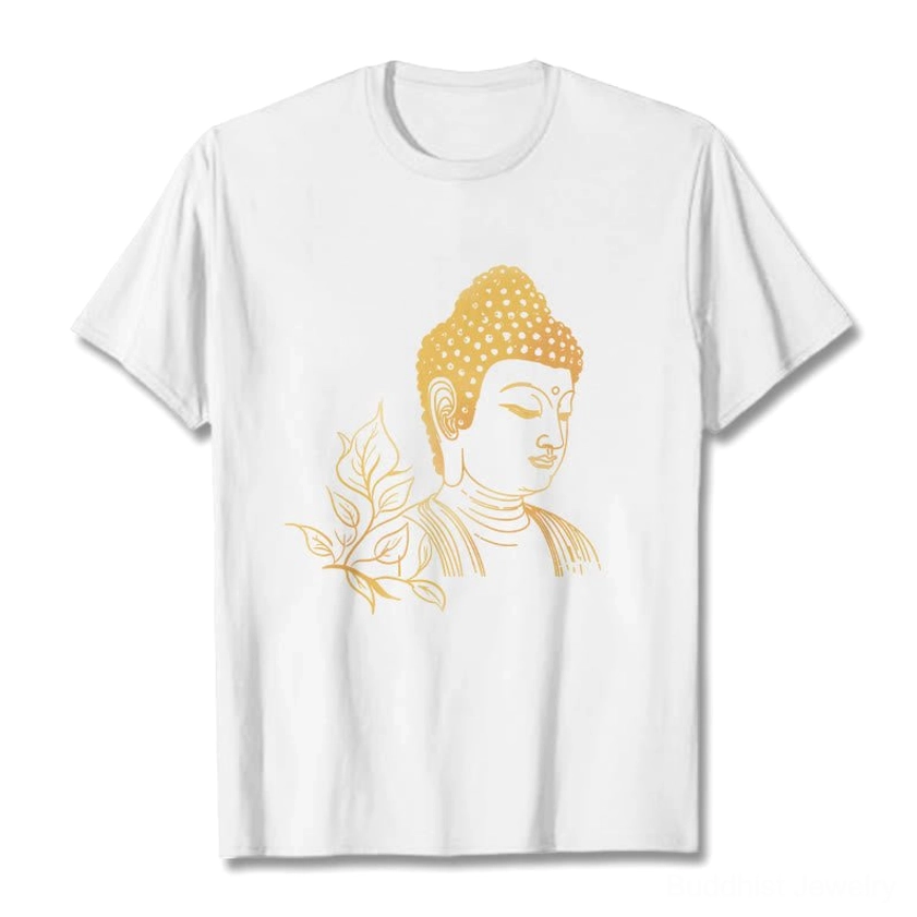 White Buddhist meditation graphic tee with gold Buddha and leaf foil print, flat lay presentation