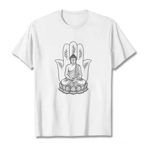 White meditating Buddha lotus hand spiritual cotton t-shirt flat lay front view