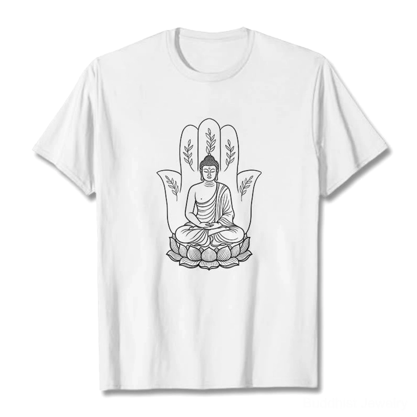 White meditating Buddha lotus hand spiritual cotton t-shirt flat lay front view