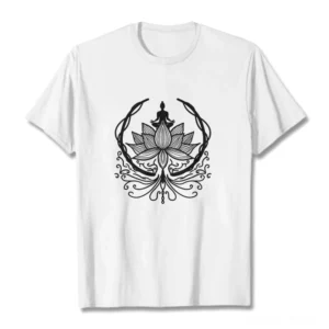 White Buddha lotus meditation t-shirt flat lay front view with black ink design on neutral background