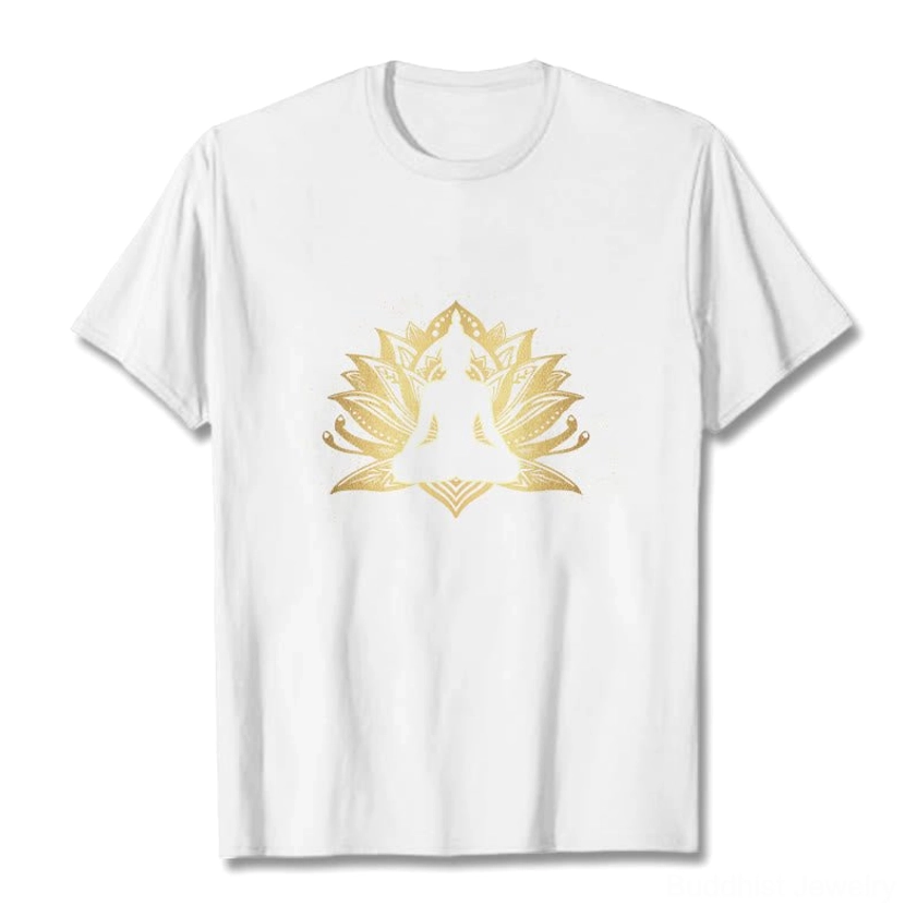 White Buddha lotus meditation graphic t-shirt with gold print, flat lay front view on studio background