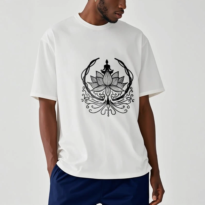 Male model wearing white Buddhist meditation t-shirt with seated Buddha and lotus flower design